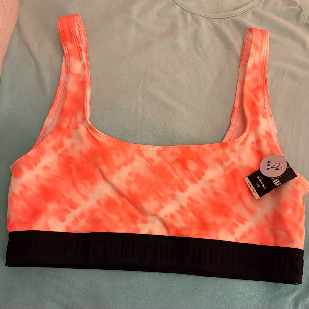 Victoria’s Secret Pink Coral Tie-Dye Sports Bralette with Black Band in a Sz Lg